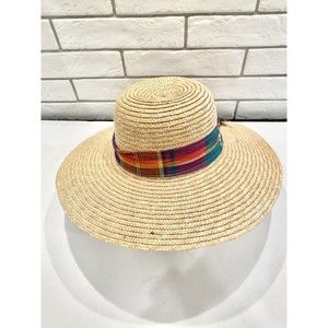 Wheat Natural Panama hat wide brim‎ Straw large summer sun Rainbow Ribbon Accent